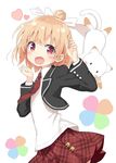  animal anne_happy arms_up biting blush bow cat clover hair_bow hair_bun hanakoizumi_an heart necktie open_mouth orange_hair peko red_eyes red_neckwear red_skirt school_uniform skirt solo standing 