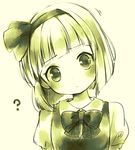  ? bangs blunt_bangs blush bob_cut bow bowtie hair_ribbon hairband head_tilt konpaku_youmu lowres monochrome ribbon sen1986 short_hair solo touhou upper_body 