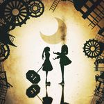  1boy 1girl abstract_background from_side gradient gradient_background harada_miyuki looking_at_another monochrome moon standing tagme 