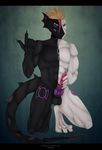  4_toes 5_fingers anthro black_skin calls chain collar dark_guardian_corporation dragon green_eyes heterochromia kneeling knot male penis pink_eyes simple_background solo toes white_skin 