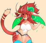  anthro big_breasts breasts clothing ear_piercing featureless_breasts feline female geekidog horn hybrid lagomorph looking_at_viewer mammal navel panties piercing rabbit simple_background solo thick_thighs tongue tongue_out underwear unzipped 