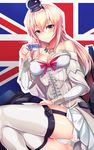  bad_id bad_pixiv_id blonde_hair blue_eyes braid breasts cleavage crotch crown cup dress england flag_background french_braid garter_straps hair_between_eyes hairband highres kantai_collection long_hair long_sleeves mini_crown panties silly_(marinkomoe) sitting smile solo teacup thighhighs underwear union_jack united_kingdom warspite_(kantai_collection) white_dress white_legwear 