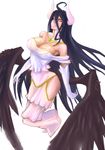  ahoge albedo armpits bare_shoulders black_hair black_wings breasts cleavage commentary_request demon_girl demon_horns dress gloves highres hip_vent horns large_breasts long_hair looking_at_viewer overlord_(maruyama) slit_pupils solo taa_(gtososgto) very_long_hair white_background white_dress white_gloves wings yellow_eyes 