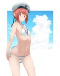  absurdres anchor ass_visible_through_thighs ball beachball beret bikini blue_sky brown_eyes brown_hair character_name clothes_writing cloud cowboy_shot day flat_chest hat highres kantai_collection looking_at_viewer navel orange_(sal1014) ribs sailor_bikini sailor_collar sailor_hat short_hair side-tie_bikini sky smiley_face solo standing striped swimsuit white_bikini white_hat z3_max_schultz_(kantai_collection) 