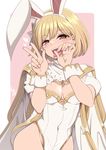  alternate_costume animal_ears blonde_hair blush breasts brown_eyes bunny_ears cape cleavage covered_navel djeeta_(granblue_fantasy) fake_animal_ears fellatio_gesture fingernails flower granblue_fantasy hair_flower hair_ornament hairband half-closed_eyes hanauna heart heart-shaped_pupils highres leotard looking_at_viewer medium_breasts open_mouth sage_(granblue_fantasy) short_hair short_sleeves solo symbol-shaped_pupils teeth tongue tongue_out v wrist_cuffs 