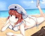  1girl ass beach bikini blush breasts butt_crack groin hadron9 hat kantai_collection ocean red_eyes red_hair small_breasts solo z3_max_schultz_(kantai_collection) 