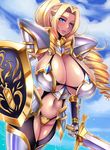  bikini_armor blonde_hair blue_eyes breasts gigantic_breasts megane_man shield sword 