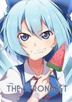  1girl ahoge atari_(ariq323) blue_dress blue_eyes blue_hair bow cirno dress food grin hair_bow highres ice ice_wings looking_at_viewer popsicle puffy_short_sleeves puffy_sleeves red_ribbon ribbon short_hair short_sleeves smile solo touhou upper_body watermelon_bar wings 