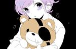  1boy bags_under_eyes black_background carrying child crying diabolik_lovers fang flat_color kiri_(qoo) looking_at_viewer male_focus open_mouth partially_colored purple_eyes purple_hair sakamaki_kanato simple_background solo stuffed_animal teddy_(diabolik_lovers) teddy_bear upper_body vampire younger 