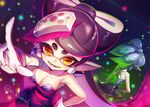  aori_(splatoon) arm_up artist_name bare_arms bare_shoulders black_hair breasts cleavage collarbone detached_collar domino_mask dress eyebrows fangs from_above gloves green_hair green_legwear hair_ornament hand_on_hip hotaru_(splatoon) index_finger_raised leaf_hair_ornament light_particles long_hair looking_at_viewer looking_up mask medium_breasts multiple_girls n_kamui pantyhose pointing pointing_up pointy_ears short_hair splatoon_(series) splatoon_1 standing strapless strapless_dress teeth tentacle_hair thick_eyebrows twintails very_long_hair white_gloves yellow_eyes 