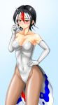  1girl bare_shoulders black_hair black_legwear blue_background blush breasts cleavage collarbone cosplay covered_navel creatures_(company) elbow_gloves frown game_freak gen_1_pokemon gloves goldeen goldeen_(cosplay) hair_between_eyes hand_on_hip horns kasumi_(pokemon) kasumi_(pokemon)_(cosplay) kijin_seija kudou_(ooabareteng) leotard medium_breasts multicolored_hair nintendo pantyhose pokemon pokemon_(anime) red_eyes red_hair scratching_cheek solo standing strapless strapless_leotard streaked_hair sweatdrop touhou white_gloves white_hair 