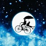  1boy 1girl bike from_side harada_miyuki monochrome moon night outdoors sitting stars tagme umbrella 