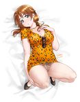  2016 animal_print artist_name bed_sheet breasts brown_eyes brown_hair cleavage commentary_request crotch_seam dated dress earrings eyewear_hang eyewear_removed hair_ribbon hand_on_own_chest highres idolmaster idolmaster_cinderella_girls jewelry katagiri_sanae large_breasts legs_up leopard_print lips looking_at_viewer low_twintails lying microdress necklace on_back panties panties_under_pantyhose pantyhose parted_lips print_dress ribbon sheer_legwear shoes short_hair short_sleeves short_twintails solo sunglasses tachibana_roku thighs tress_ribbon twintails underwear zebra_print 