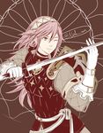  arm_up armor artist_name bangs belt brown_background buckle choker commentary fire_emblem fire_emblem_if gloves hair_between_eyes hairband highres holding holding_sword holding_weapon long_hair nash-kun one_eye_closed pink_hair smile soleil_(fire_emblem_if) solo sword upper_body watermark weapon web_address white_gloves 