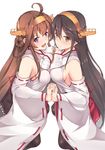  :d ahoge awa_yume black_hair black_legwear boots breast_press breasts brown_eyes brown_hair detached_sleeves double_bun from_side hairband haruna_(kantai_collection) headgear holding_hands kantai_collection kongou_(kantai_collection) large_breasts long_hair multiple_girls nontraditional_miko open_mouth purple_eyes ribbon-trimmed_sleeves ribbon_trim sideboob simple_background smile symmetrical_docking thigh_boots thighhighs 
