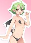  1boy 1girl character_request copyright_request fang green_hair lillithlauda navel pointy_ears small_breasts wings 