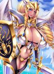  bikini_armor blonde_hair blue_eyes breasts gigantic_breasts megane_man shield sword wings 