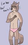  5_fingers anthro black_nose blush body_hair brown_fur brown_hair bulge canine caught chest_tuft clothing coyote dangerouspancakes embarrassed english_text eyewear fur glasses hair happy_trail hi_res lee_(dangerouspancakes) male mammal navel panties simple_background solo standing teenager text tuft underwear young 