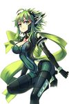  bad_anatomy black_gloves blade_(soccer_spirits) bodysuit bracelet breasts cleavage covered_navel dc_neska elbow_gloves gloves green_bodysuit green_eyes green_hair headset highres jewelry large_breasts official_art short_hair sidelocks soccer_spirits solo standing standing_on_one_leg transparent_background 