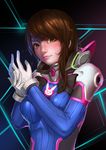  animal_print bangs bodysuit bracer breasts brown_eyes brown_hair bunny_print closed_mouth d.va_(overwatch) eyelashes facepaint facial_mark gloves hands_up headphones highres jan.v large_breasts lipstick long_hair looking_at_viewer makeup nose overwatch pauldrons pilot_suit pink_lips pink_lipstick ribbed_bodysuit shoulder_pads skin_tight solo turtleneck upper_body whisker_markings white_gloves 