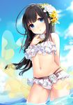  ahoge ao_no_neko arms_behind_back bare_shoulders bikini blue_eyes cloud commentary_request day flower frilled_bikini frills hair_flower hair_ornament long_hair looking_at_viewer original partially_submerged sky solo swimsuit water 
