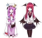  :o black_legwear black_skirt black_vest blue_bow blue_ribbon blush book bow capelet chibi collared_shirt commentary_request crescent demon_girl demon_wings dress hair_bow hair_ribbon hat hat_ribbon head_wings highres holding holding_book holding_paper koakuma long_hair long_sleeves looking_at_viewer mappe_(778exceed) mob_cap multiple_girls necktie pajamas pantyhose paper patchouli_knowledge purple_eyes purple_hair red_bow red_eyes red_hair red_neckwear red_ribbon ribbon shirt sidelocks skirt skirt_set smile striped touhou tress_ribbon v_arms vertical-striped_dress vertical_stripes vest white_shirt wings 