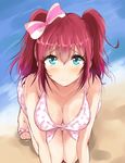  alternate_breast_size beach bikini bow breasts cleavage downblouse green_eyes hair_bow haru_(nature_life) kneeling kurosawa_ruby looking_at_viewer love_live! love_live!_sunshine!! medium_breasts red_hair sandals smile solo swimsuit two_side_up 