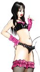  1boy 1girl bare_shoulders black_hair black_top blue_eyes bondage femdom fingerless_gloves from_side gankisuki gloves latex_top looking_at_another masochism masochist navel pink_gloves simple_background standing strap-on thighhighs top upper_body white_background 
