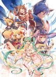  4girls absurdly_long_hair animal_ears armor beamed_eighth_notes blonde_hair blue_eyes blue_hair boots brown_eyes brown_hair commentary_request ears_through_headwear eighth_note green_hair grin hair_ornament hairclip hands_clasped hat hatsune_miku kagamine_len kagamine_rin kaito kneehighs long_hair megurine_luka meiko midriff multiple_boys multiple_girls murakami_yuichi musical_note one_eye_closed open_mouth own_hands_together pink_hair quarter_note short_hair skirt smile thigh_boots thighhighs twintails very_long_hair vocaloid witch_hat yellow_eyes 