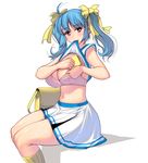  ahoge bag blue_hair bra breasts drying drying_body handkerchief hot huge_breasts inconvenient_breasts long_hair looking_at_viewer masao miniskirt mouth_hold navel original red_eyes school_bag school_uniform shirt shirt_lift sitting skirt solo sweat tank_top towel twintails underwear wiping_sweat 