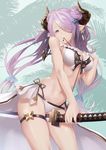  absurdres between_breasts between_legs bikini blue_eyes breasts cleavage cowboy_shot double_bun draph earrings frilled_bikini frills granblue_fantasy hair_ornament hair_over_one_eye hand_on_own_chest heart heart-shaped_pupils highres holding holding_sword holding_weapon horns jewelry katana large_breasts lavender_hair leaning_forward long_hair miya-ki_(miya_key) mouth_hold narmaya_(granblue_fantasy) navel pointy_ears smile solo swimsuit sword symbol-shaped_pupils thigh_strap twintails weapon white_bikini 