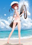  ashiya_hiro ass bag bangs bare_arms bare_legs bare_shoulders beach beret bikini bird blue_sky blunt_bangs blush butt_crack character_name closed_mouth clothes_writing cloud day flock from_behind full_body gun hat highres holding holding_gun holding_weapon horizon kantai_collection no_socks outdoors over_shoulder red_eyes red_hair ribbon sailor_bikini sailor_collar sand sandals seagull shore short_hair side-tie_bikini sky smile smiley_face solo summer swimsuit water weapon white_bikini white_hat white_ribbon z3_max_schultz_(kantai_collection) 