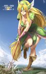  2016 artist_name blonde_hair breasts cleavage dated day gameplay_mechanics giantess health_bar helmet highres infinity large_breasts long_hair low-tied_long_hair pauldrons polearm riesz seiken_densetsu seiken_densetsu_3 signature solo uru_(uru0000) very_long_hair weapon winged_helmet 