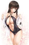  :o bangs bare_shoulders black_hair blunt_bangs blush breasts brown_eyes casual_one-piece_swimsuit cleavage collarbone embarrassed floral_background girls_und_panzer highres jacket jacket_over_swimsuit kure_masahiro large_breasts long_hair long_sleeves navel nishizumi_shiho o-ring o-ring_swimsuit off_shoulder one-piece_swimsuit shiny shiny_hair sidelocks skindentation solo sweat sweatdrop swimsuit undressing 
