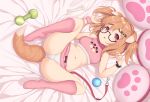  animal_ears ball bed bones breasts brown_hair cleavage doggirl glasses kneehighs navel original panties pink_eyes pokachu short_hair skirt spread_legs tail twintails underwear wristwear 