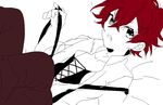  1boy child collarbone diabolik_lovers fang flat_color kiri_(qoo) looking_at_viewer male_focus open_mouth partially_colored red_hair sakamaki_ayato simple_background solo suspenders tsurime vampire white_background younger 