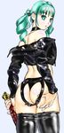  1girl ass bare_shoulders black_boots bondage boots choker female femdom gankisuki green_eyes green_hair jacket latex_boots latex_jacket looking_back off_shoulder simple_background solo standing strap-on twintails upper_body 