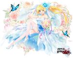  bare_shoulders blonde_hair blue_eyes bouquet bug butterfly carnation copyright_name dress flower full_body garter_straps glass_slipper hair_flower hair_ornament hand_on_own_head highres insect kai-ri-sei_million_arthur long_hair looking_at_viewer million_arthur_(series) official_art one_eye_closed open_mouth petals rose shuen solo very_long_hair wedding_dress white_legwear 