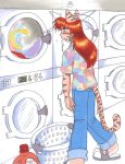  clothing dizzy felid female footwear hair hypnosis jeans laundromat mammal mind_control pantherine pants red_hair sandals shirt solo standing sue-chan_(artist) t-shirt tiger traditional_media_(artwork) washing_machine 