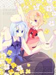  angora_rabbit animal animal_on_head asahi_uta blue_eyes blue_hair brown_hair bunny bunny_on_head gochuumon_wa_usagi_desu_ka? hair_ornament hairclip hat hoto_cocoa kafuu_chino long_hair multiple_girls on_head purple_eyes rabbit_house_uniform short_hair tippy_(gochiusa) waitress x_hair_ornament 