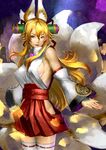  absurdres animal_ears armpit_peek bad_id bad_pixiv_id bare_shoulders blonde_hair breasts closed_mouth commentary_request cowboy_shot detached_sleeves fox_ears fox_girl fox_tail hair_ribbon hakama_skirt highres hip_vent izuna_(shinrabanshou) japanese_clothes kitsune kyuubi lipstick long_hair looking_at_viewer makeup medium_breasts miko multiple_tails red_eyes red_lipstick red_ribbon red_skirt ribbon ribbon-trimmed_legwear ribbon_trim scroll shimashima_(simasima_23) shinrabanshou sideboob sidelocks skirt slit_pupils smile solo tail thighhighs white_legwear wide_sleeves 