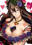  &gt;:) bare_shoulders between_breasts blue_eyes box breast_hold breasts brown_gloves brown_hair cleavage collarbone commentary_request flower gift gift_between_breasts gift_box gloves granblue_fantasy hair_between_eyes hair_flower hair_ornament heart heart-shaped_box highres jewelry large_breasts long_hair looking_at_viewer parted_lips pendant purple_flower purple_rose rose rosetta_(granblue_fantasy) shimashima_(simasima_23) sidelocks smile solo upper_body v-shaped_eyebrows 