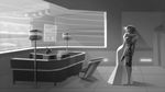  alien asari chair commander_shepard commander_shepard_(female) desk dress greyscale hug indoors lamp liara_t'soni mass_effect mass_effect_2 monochrome multiple_girls short_hair tentacle_hair unoobang window 