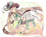  2016 bati15 boots brown_eyes full_body garter_straps green_footwear green_hat green_skirt grey_legwear hat hat_ornament kai-ri-sei_million_arthur light_brown_hair long_hair looking_at_viewer midriff million_arthur_(series) navel official_art polka_dot sitting skirt smile solo suspender_skirt suspenders twintails wand watermark witch_hat 