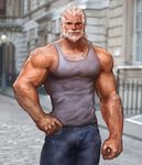  bandaid_on_shoulder bare_shoulders beard biceps body_hair chest_hair collarbone cowboy_shot facial_hair hand_on_hip jang_ju_hyeon looking_at_viewer male_focus manly muscle old_man overwatch pants pectorals reinhardt_(overwatch) scar scar_across_eye smile solo tank_top white_hair 