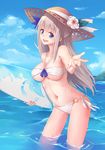  :d absurdres ass_visible_through_thighs bandeau bikini blue_eyes blue_sky breasts cleavage cloud commentary_request day flower grey_hair hair_flower hair_ornament half_updo hat highres large_breasts lexington_(zhan_jian_shao_nyu) long_hair looking_at_viewer migimura_sakimori navel o-ring o-ring_bottom open_mouth sky smile solo strapless straw_hat surfboard swimsuit underboob wading water wet white_bikini zhan_jian_shao_nyu 