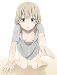  all_fours barefoot blonde_hair blush breasts cleavage downblouse extended_downblouse gradient gradient_background grey_eyes looking_at_viewer mattaku_mousuke no_bra open_mouth original see-through_silhouette short_hair small_breasts solo 