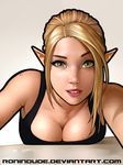  blonde_hair breast_rest breasts cleavage commentary downblouse elf forehead freckles green_eyes highres large_breasts light_smile lips long_hair looking_at_viewer mole mole_on_breast nose original parted_lips photo-referenced pointy_ears raised_eyebrow realistic ronindude solo tank_top watermark web_address 