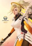  artist_name blonde_hair blue_eyes bodysuit breasts character_name copyright_name cowboy_shot emblem eyebrows eyeliner eyeshadow gradient gradient_background high_ponytail holding holding_staff joycelyn_ong large_breasts lips long_hair looking_at_viewer makeup mechanical_halo mechanical_wings mercy_(overwatch) nose overwatch pantyhose parted_lips pink_background ponytail signature solo staff swiss_flag watermark web_address wings yellow_background yellow_wings 
