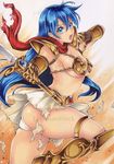  armor asou_yuuko ass blue_eyes blue_hair boots breasts gauntlets gloves holding holding_weapon knee_boots large_breasts long_hair looking_at_viewer mugen_senshi_valis open_mouth panties pauldrons red_scarf scarf simple_background skirt solo sword torn_clothes underwear valis weapon white_panties 
